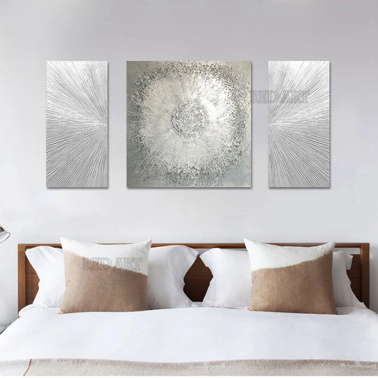 3-Piece Abstract Silver Foil Canvas Painting, Modern Art