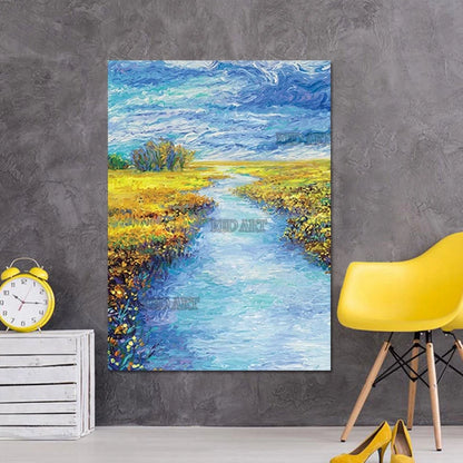 Van Gogh-Inspired River Landscape Oil Painting, Hand-Painted Canvas