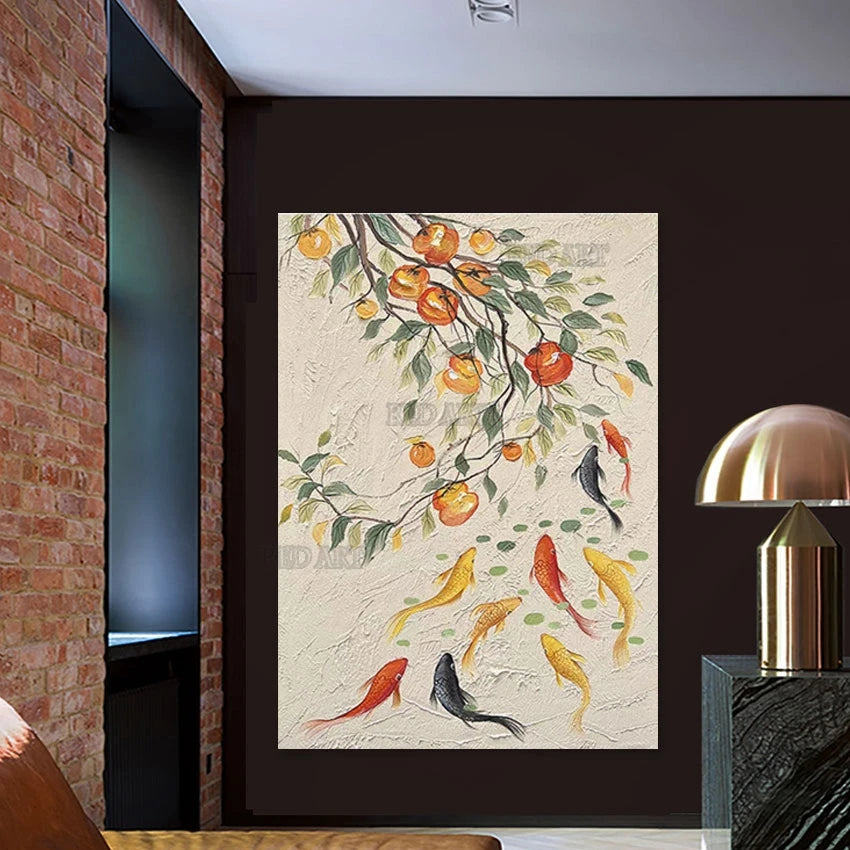 Golden Fishes Abstract Oil Painting, Hand-Painted Wall Art Canvas