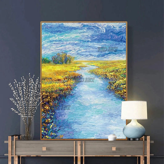 Van Gogh-Inspired River Landscape Oil Painting, Hand-Painted Canvas