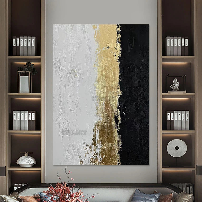 Gold Foil Abstract Black & White Oil Painting on Canvas