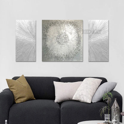 3-Piece Abstract Silver Foil Canvas Painting, Modern Art