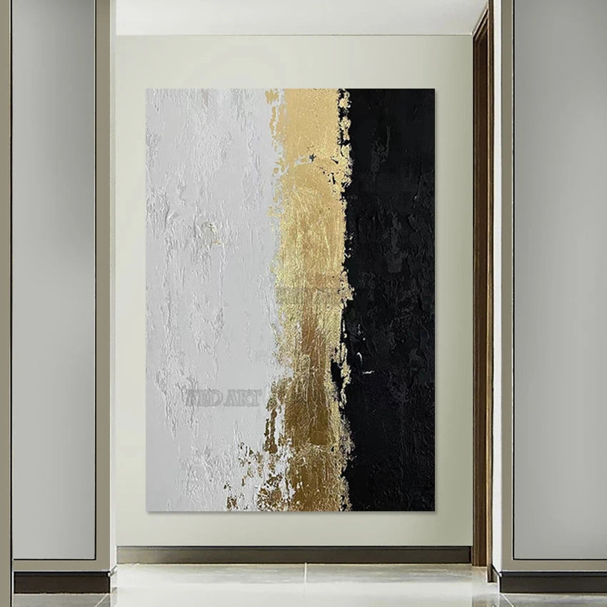 Gold Foil Abstract Black & White Oil Painting on Canvas