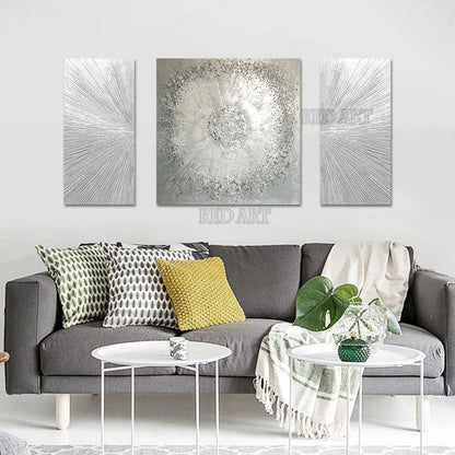 3-Piece Abstract Silver Foil Canvas Painting, Modern Art