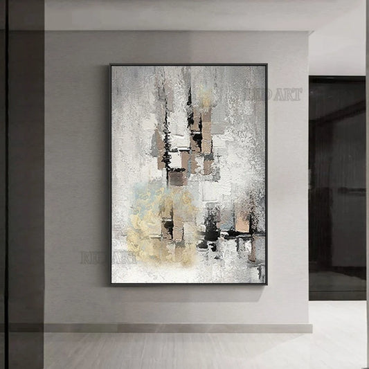 Hand-Painted Abstract Gray Oil Painting on Canvas