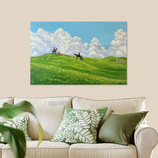 Grassland Landscape, People Riding Horses, Handmade Oil Painting on Canvas