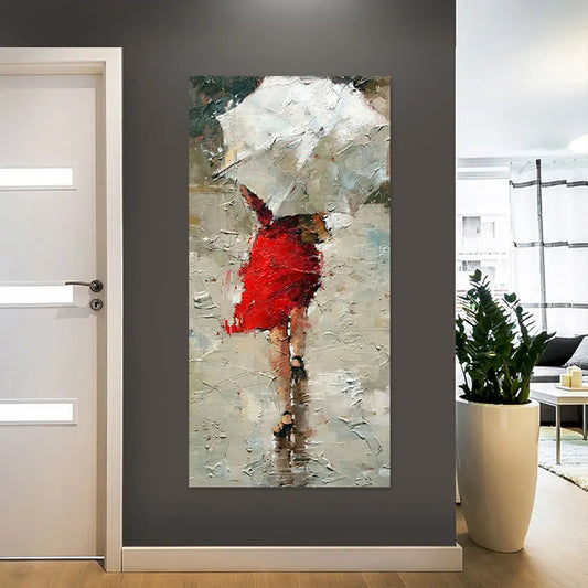 Hand-Painted Oil Painting - Girl Walking in Rain, Canvas Art