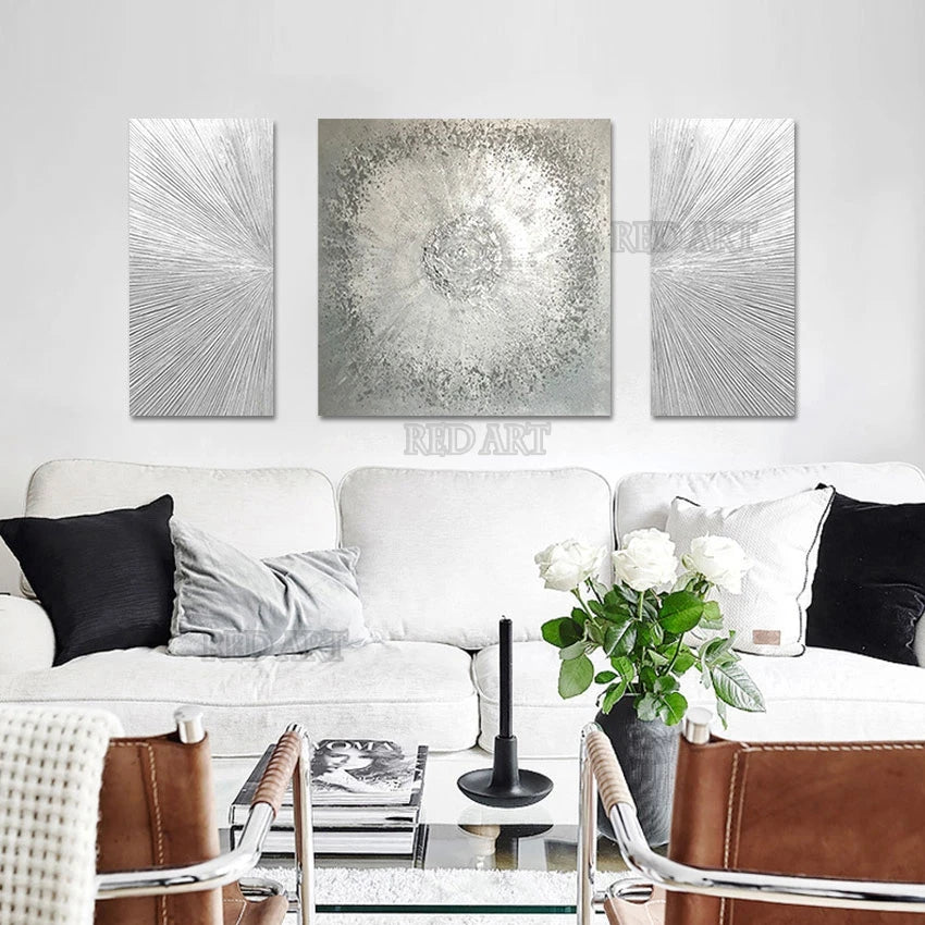 3-Piece Abstract Silver Foil Canvas Painting, Modern Art