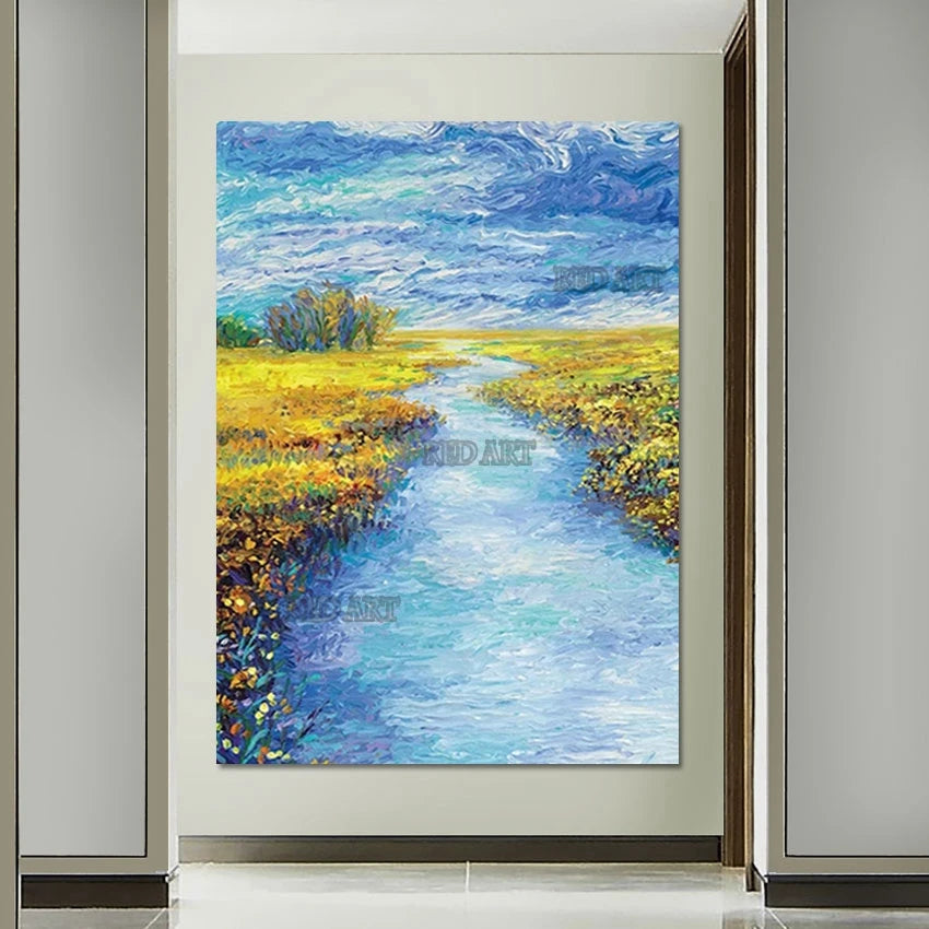 Van Gogh-Inspired River Landscape Oil Painting, Hand-Painted Canvas