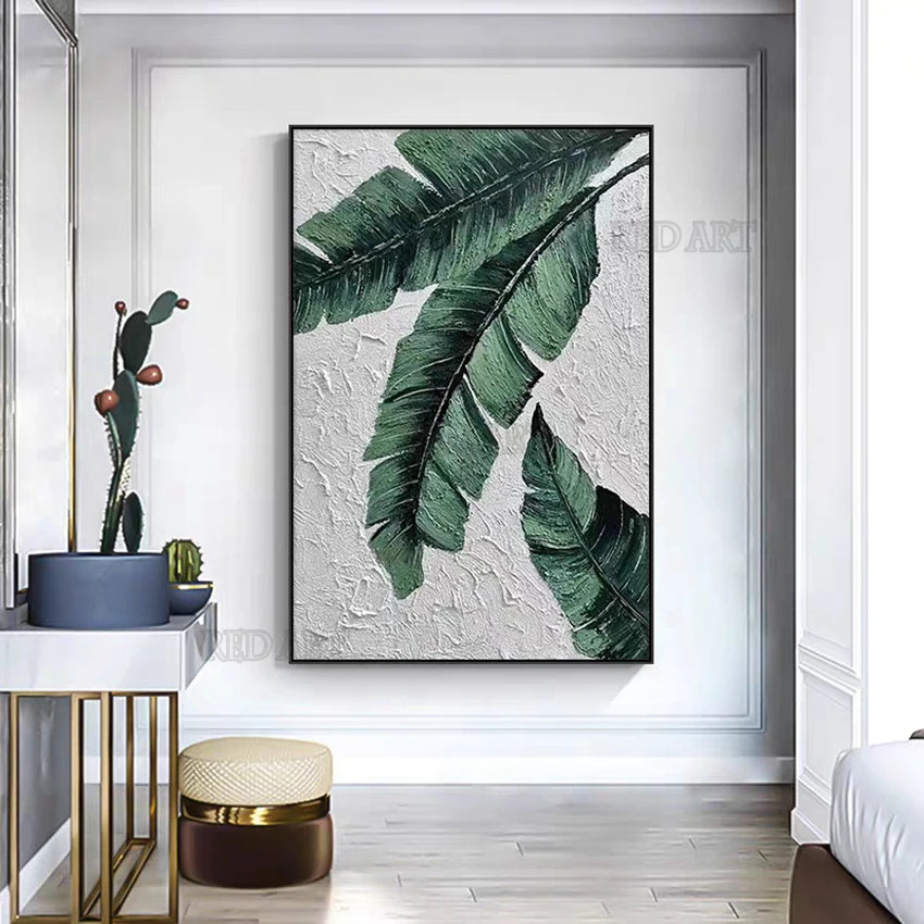 Large Plantain Leaves Oil Painting, Hand-Painted Canvas Art