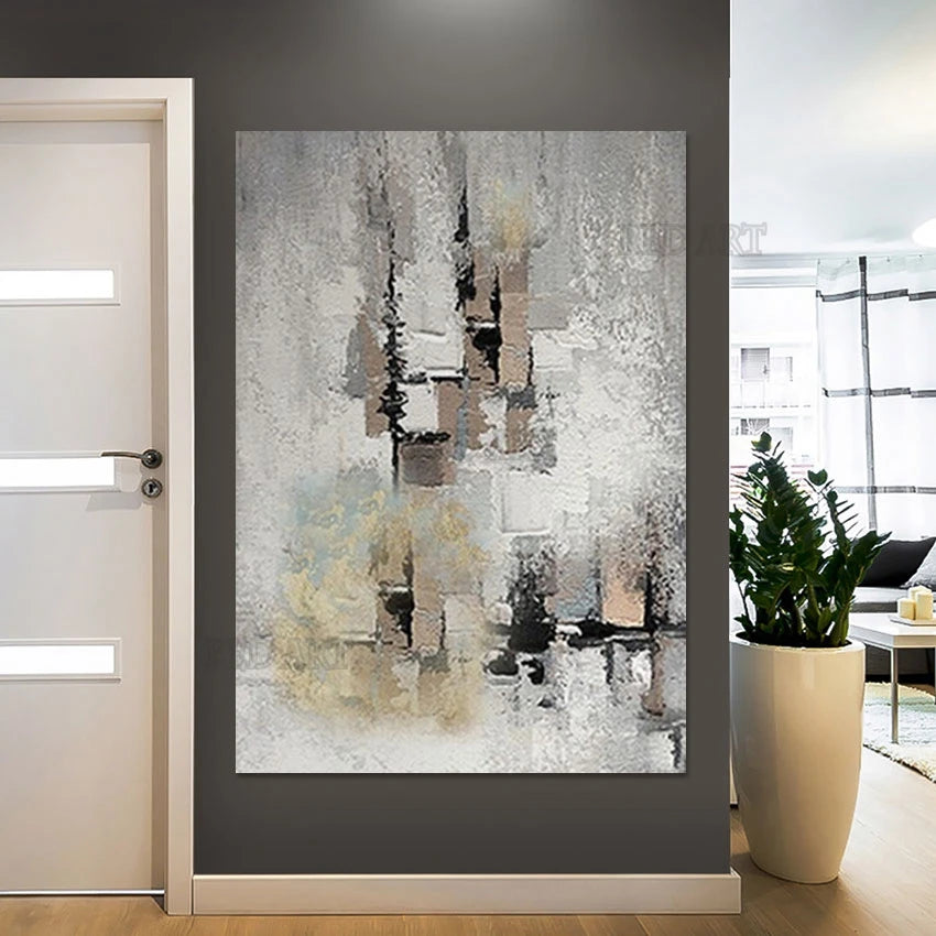 Hand-Painted Abstract Gray Oil Painting on Canvas