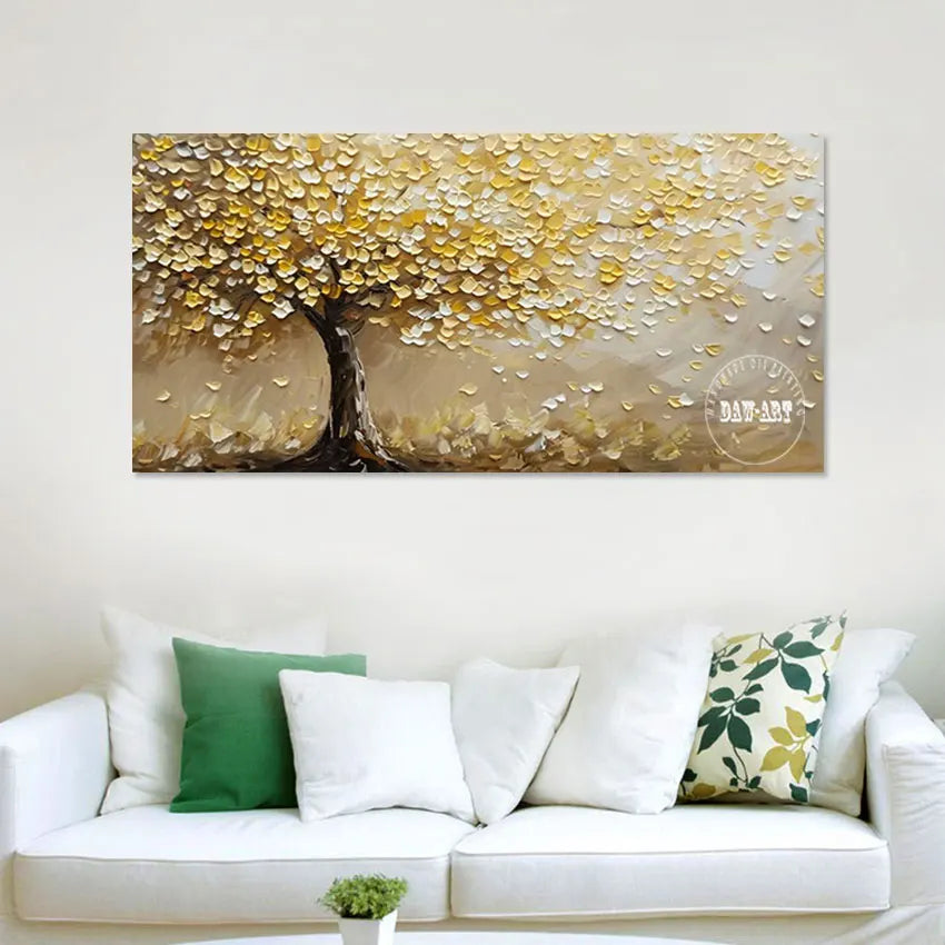 Gold Foil Textured Tree Art, Abstract Acrylic Knife Painting for Wall Decor