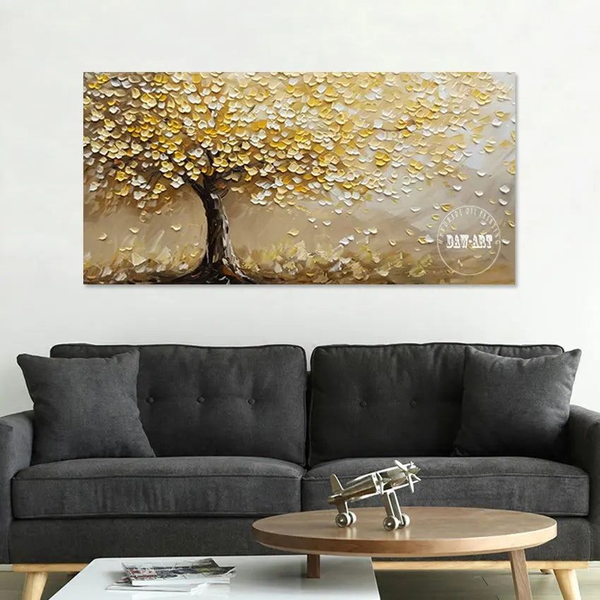 Gold Foil Textured Tree Art, Abstract Acrylic Knife Painting for Wall Decor