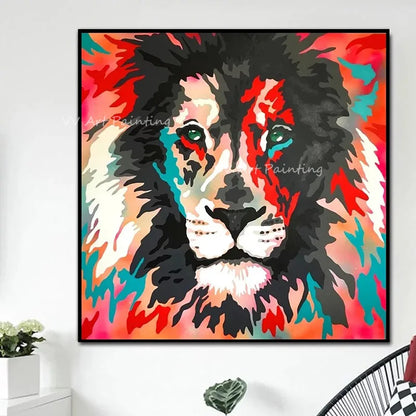 Handmade Colorful Lion Face Oil Painting on Canvas – Unframed