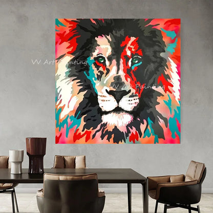 Handmade Colorful Lion Face Oil Painting on Canvas – Unframed