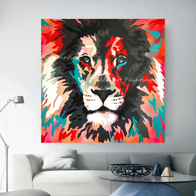 Handmade Colorful Lion Face Oil Painting on Canvas – Unframed