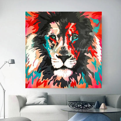 Handmade Colorful Lion Face Oil Painting on Canvas – Unframed