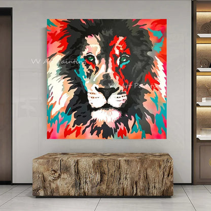 Handmade Colorful Lion Face Oil Painting on Canvas – Unframed