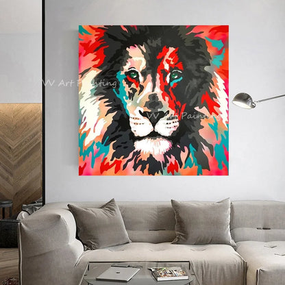 Handmade Colorful Lion Face Oil Painting on Canvas – Unframed